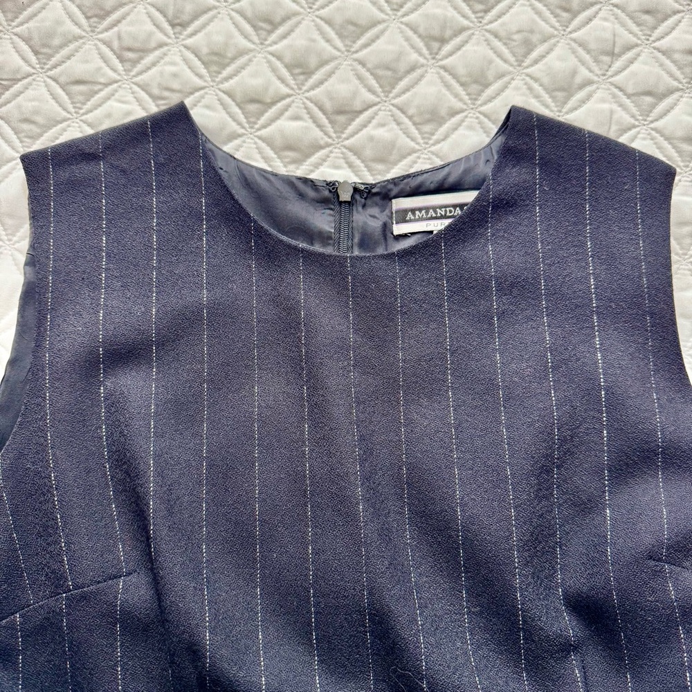 Amanda Smith 100% Pure Wool Navy Blue White Stripe Sheath Sleeveless Dress Sz 8 - Picture 10 of 15